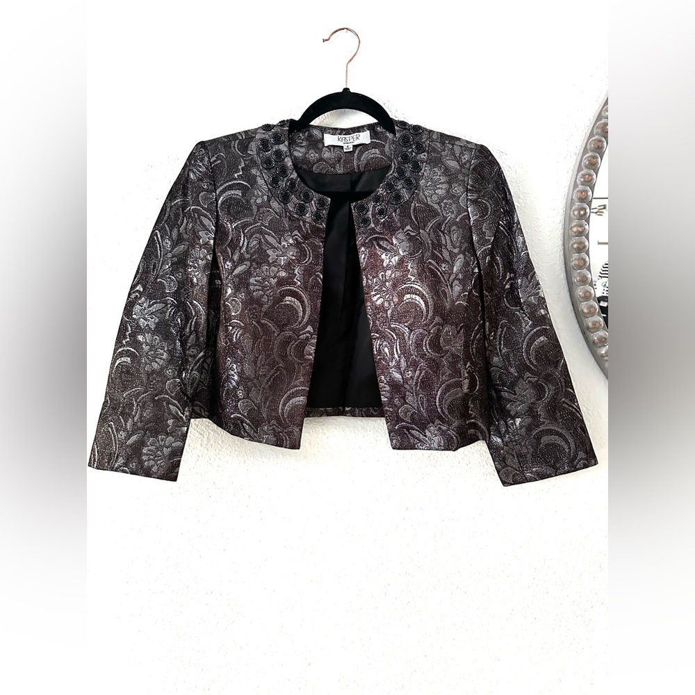Kasper Black & Silver Damask Floral Beaded Cropped Dress Blazer